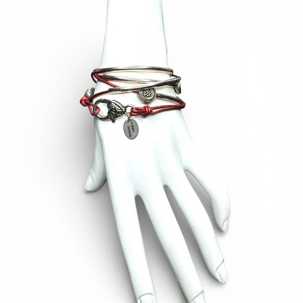 Lizzy James Wrap Bracelet Red Leather Cord Heart Clasp Dangle Charm 20 in